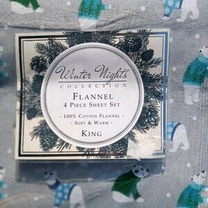 Vintage Winter Nights Polar Bear Flannel King Sheet Set 100% Cotton Soft Warm